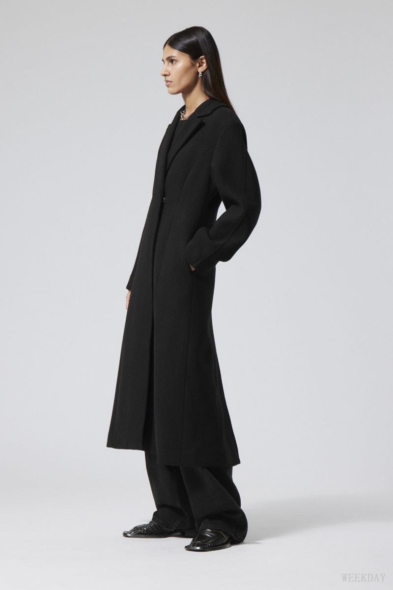 Black Weekday Delia Waisted Wool Blend Coat | OVCQ9340