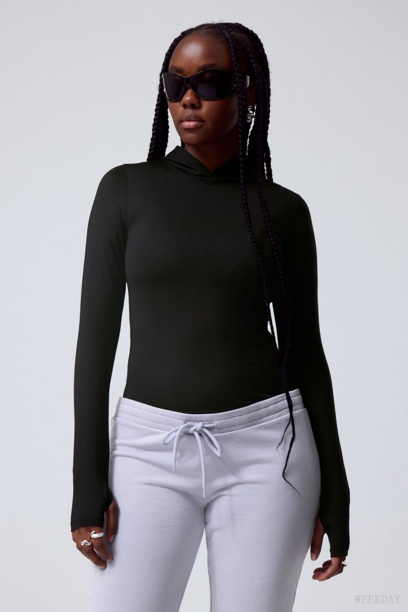 Black Weekday Emily Hooded Longsleeve Top | FLPF7001