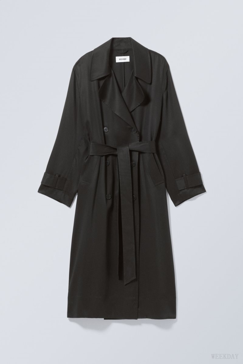 Black Weekday Evelyn Relaxed Lyocell Trench Coat | YMFE3496