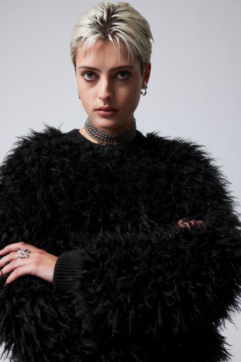 Black Weekday Fluffy Faux Fur Sweatshirt | VGKN2052