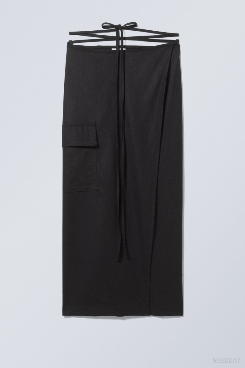 Black Weekday Fold Linen Mix Long Skirt | SGHR5819