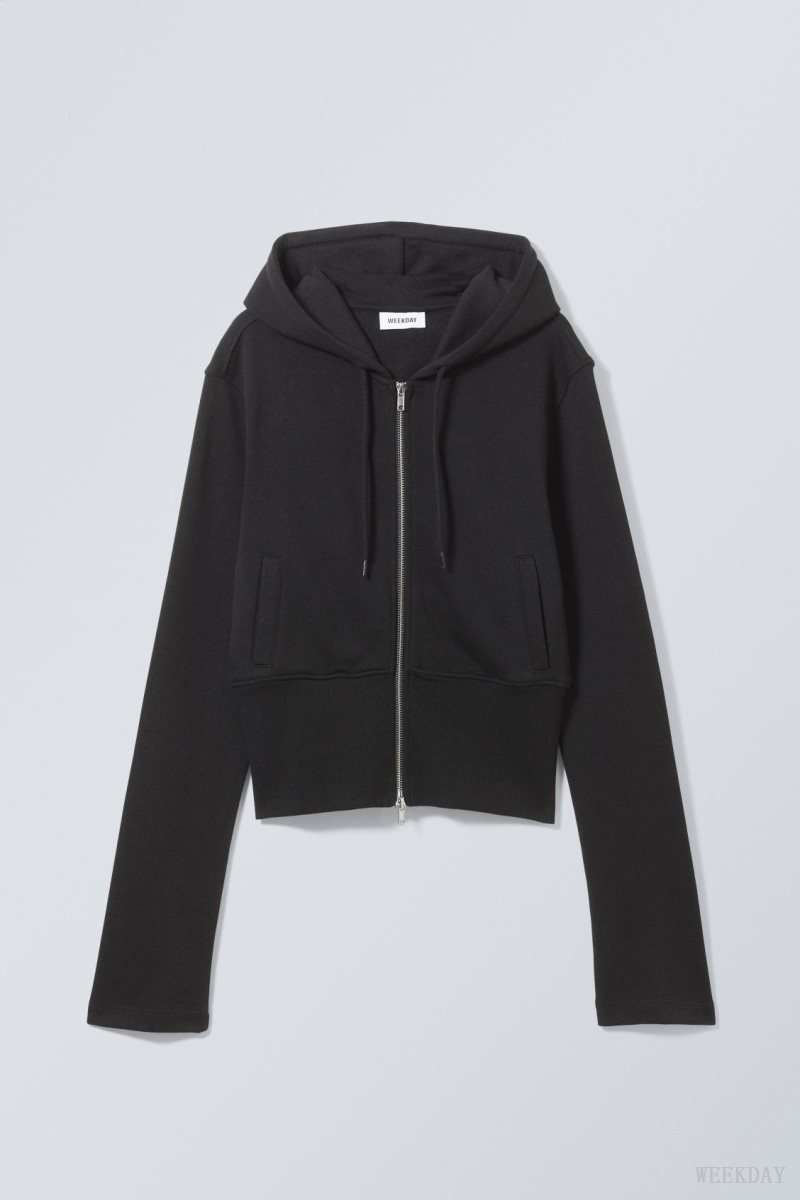 Black Weekday High Rib Mini Zip Hoodie | DMUD3104