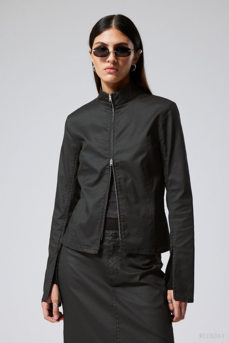 Black Weekday Kate Coated Zip Shirt | MKTR7556