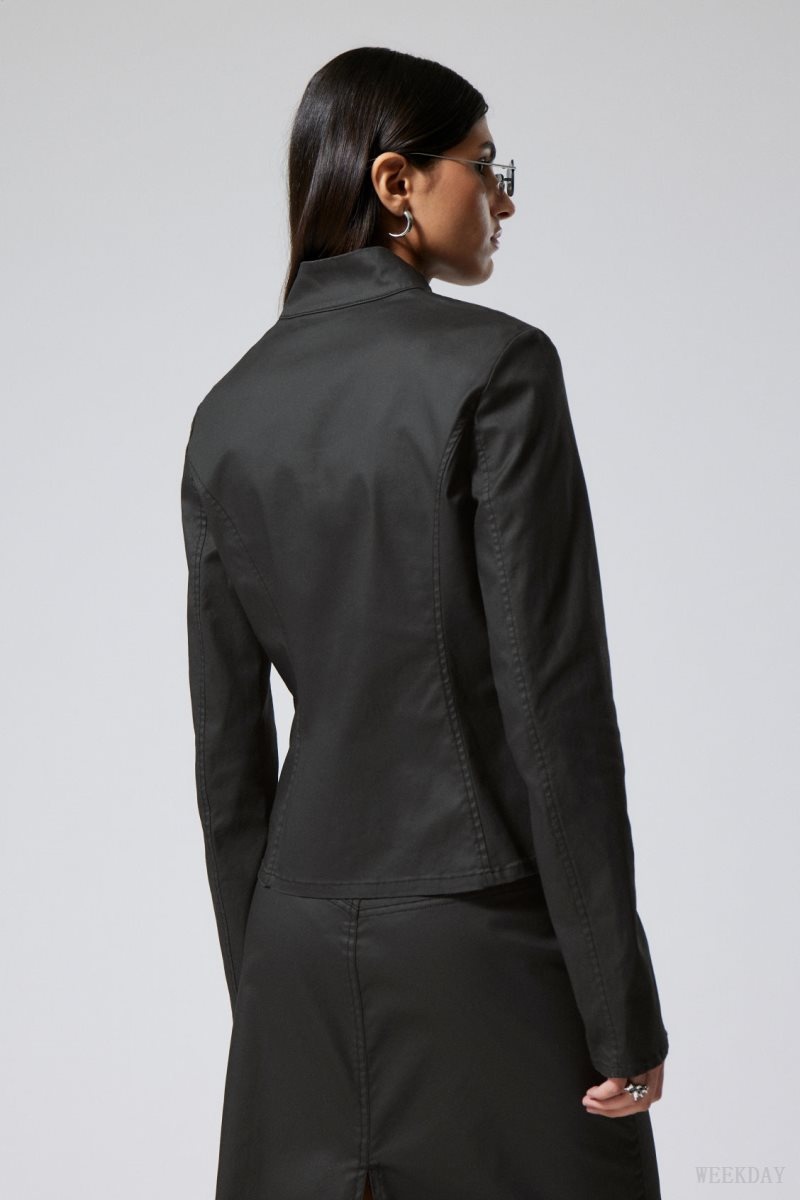 Black Weekday Kate Coated Zip Shirt | MKTR7556