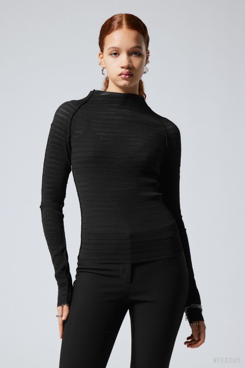 Black Weekday Laura Long Sleeve Pleated Top | TXDN0625