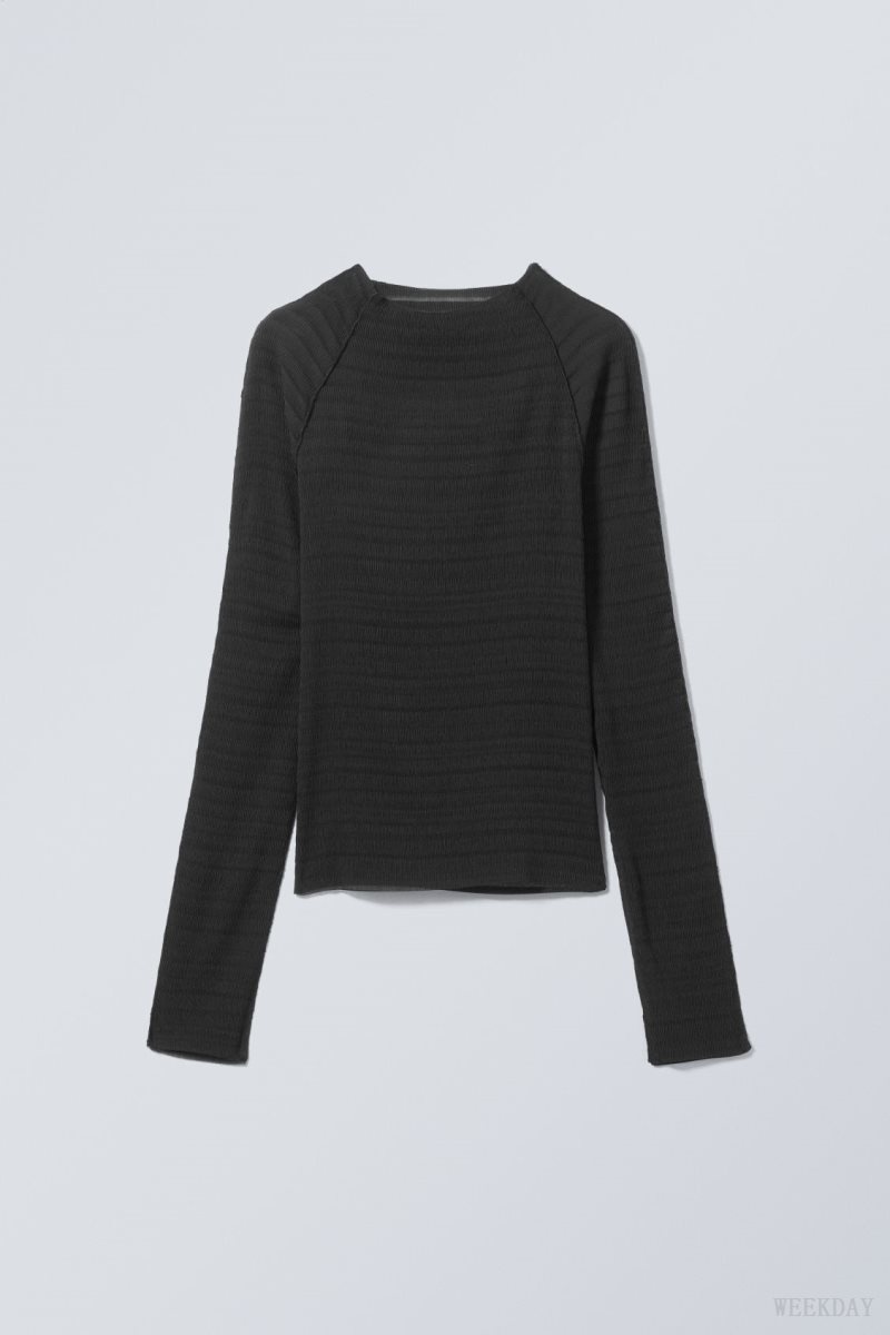 Black Weekday Laura Long Sleeve Pleated Top | TXDN0625