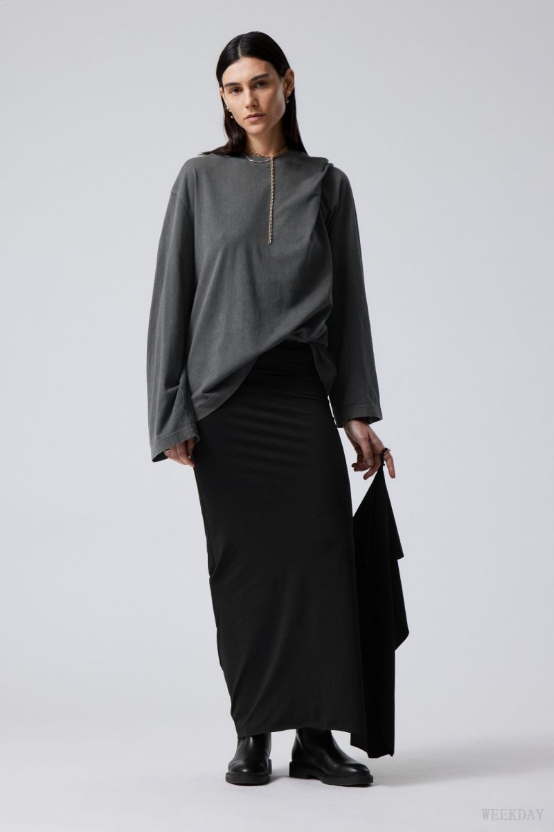 Black Weekday Long Asymmetric Drape Skirt | XVYF0993