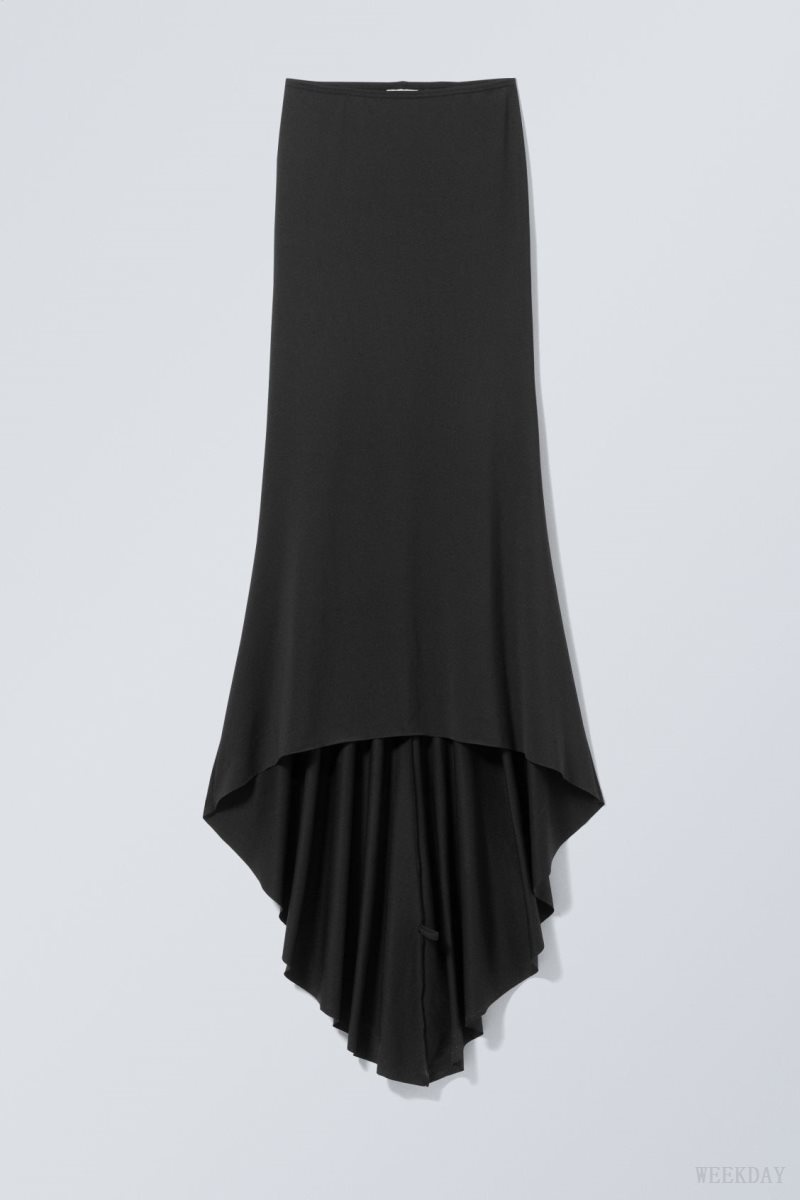 Black Weekday Long Asymmetric Drape Skirt | XVYF0993