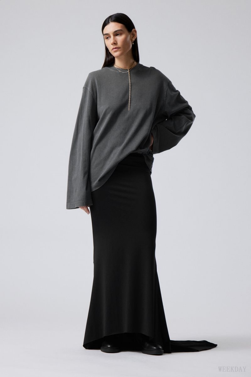 Black Weekday Long Asymmetric Drape Skirt | XVYF0993