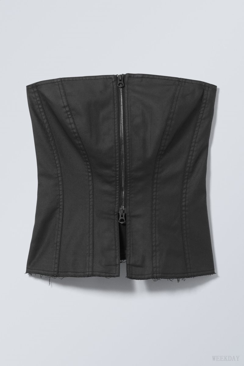 Black Weekday Meggie Coated Zip Corset | QZRF8277