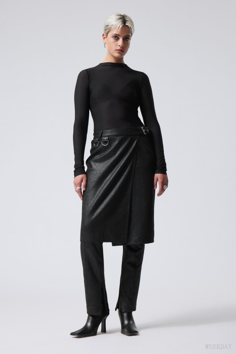 Black Weekday Oda Coated Faux Leather Midi Skirt | XKSR6737