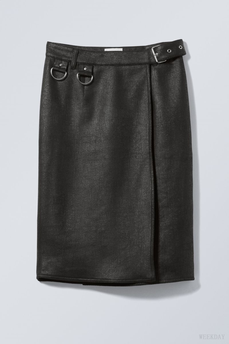 Black Weekday Oda Coated Faux Leather Midi Skirt | XKSR6737