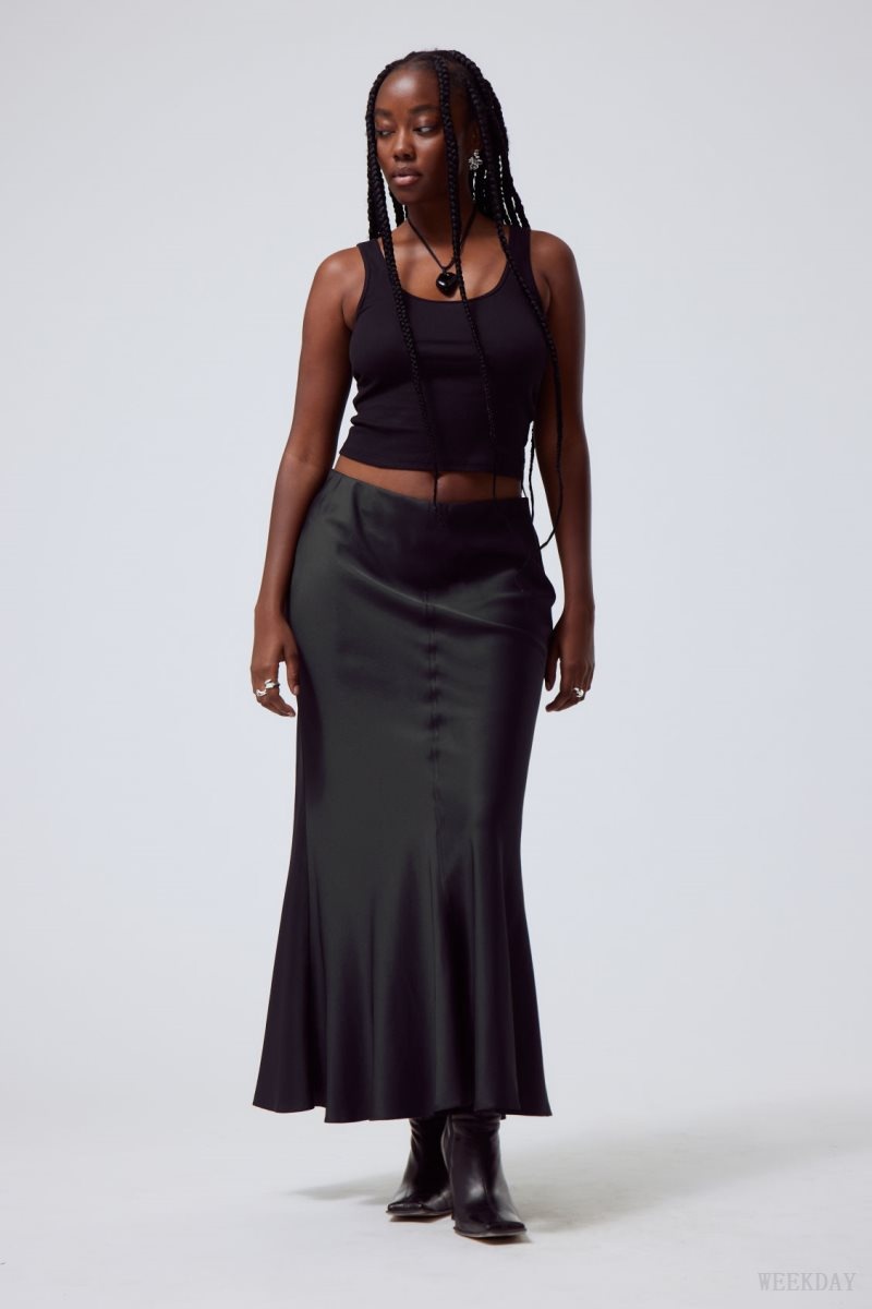 Black Weekday Paige Satin Long Skirt | AKUH1561