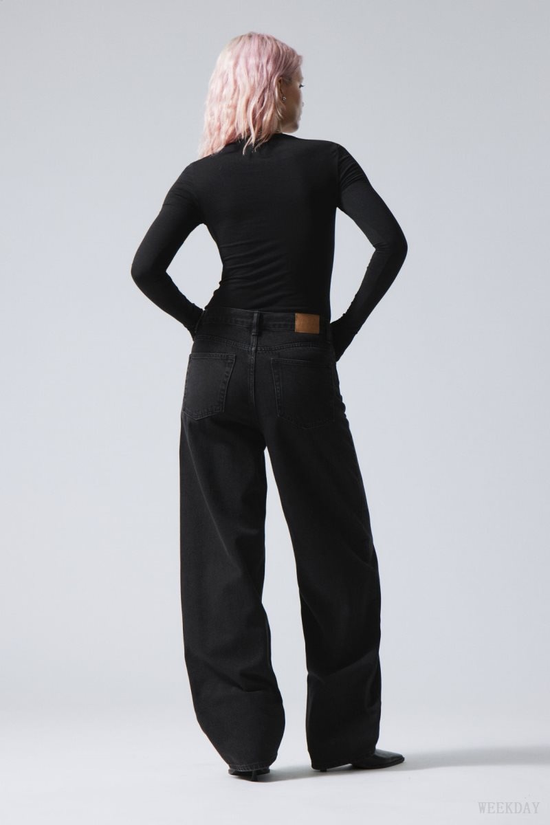 Black Weekday Rail Mid Loose Straight Jeans | TANZ8917