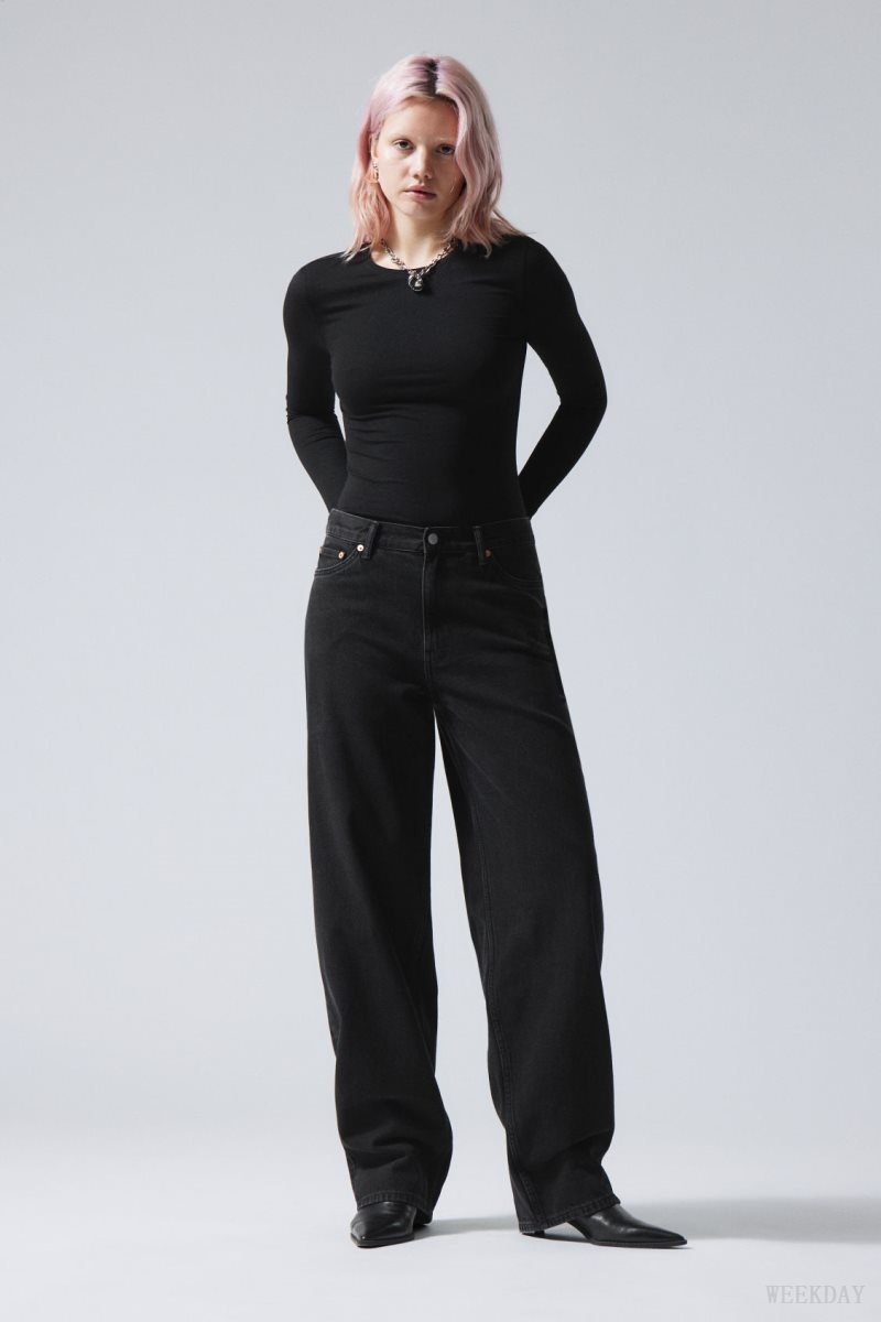 Black Weekday Rail Mid Loose Straight Jeans | TANZ8917