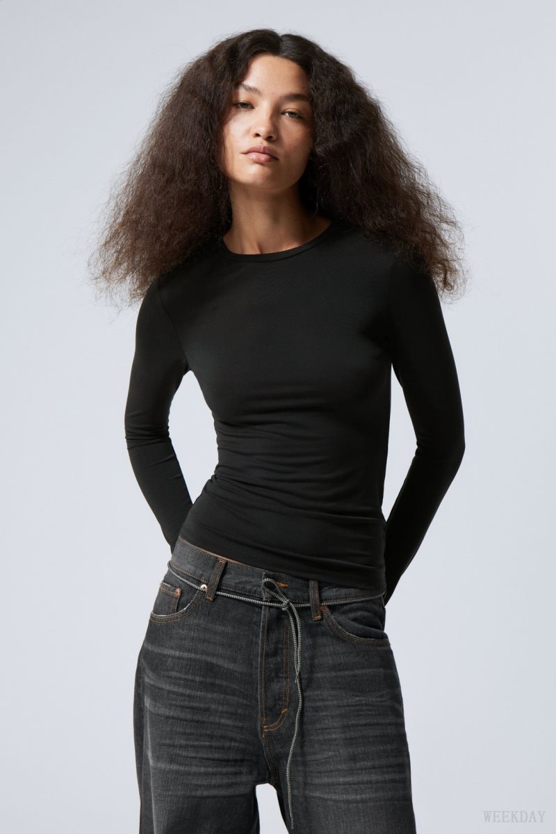 Black Weekday Soft Brushed Long Sleeve Top | XJBP7836