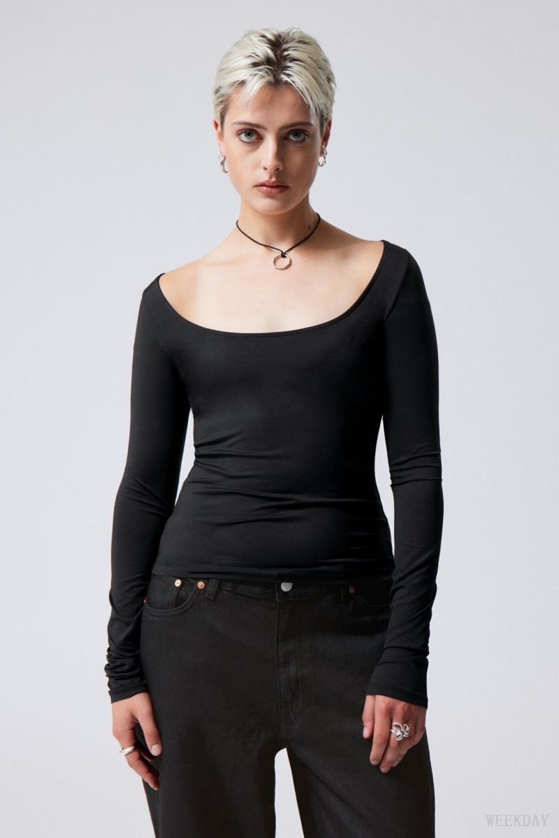 Black Weekday Tea Scoop Neck Long Sleeve Top | YRZT1058