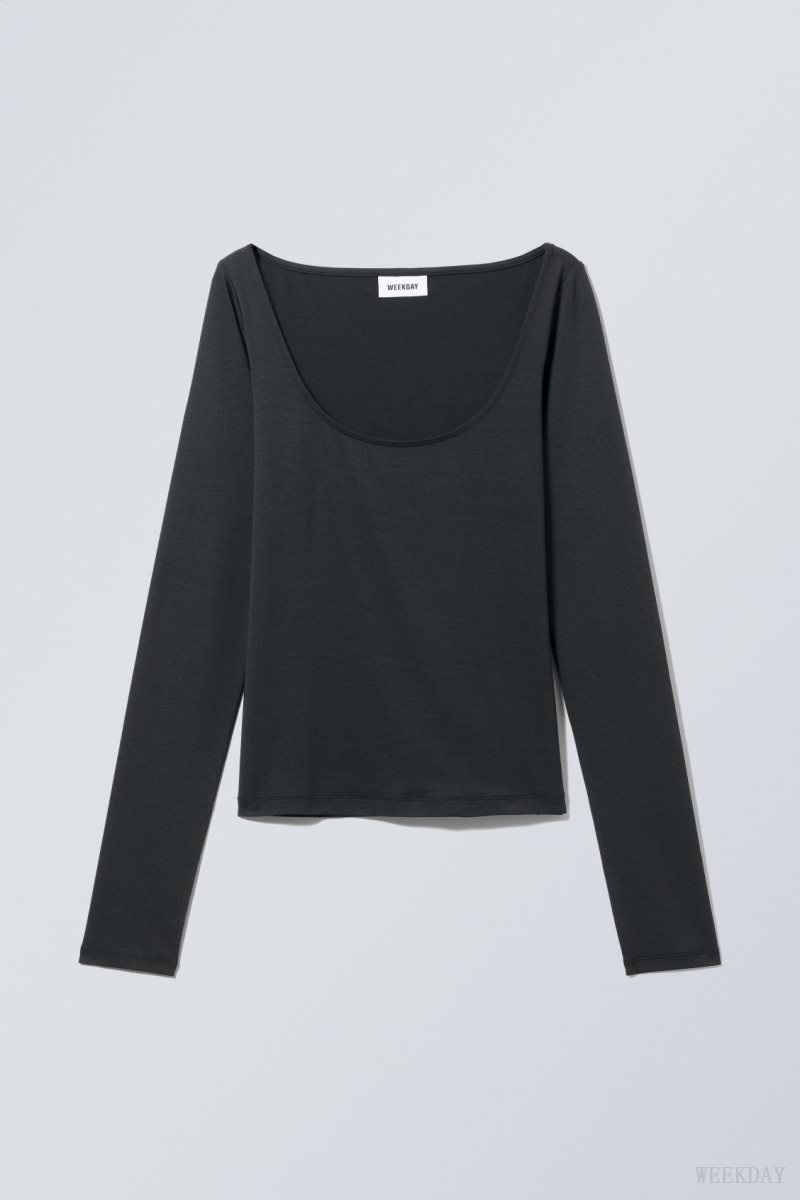 Black Weekday Tea Scoop Neck Long Sleeve Top | YRZT1058