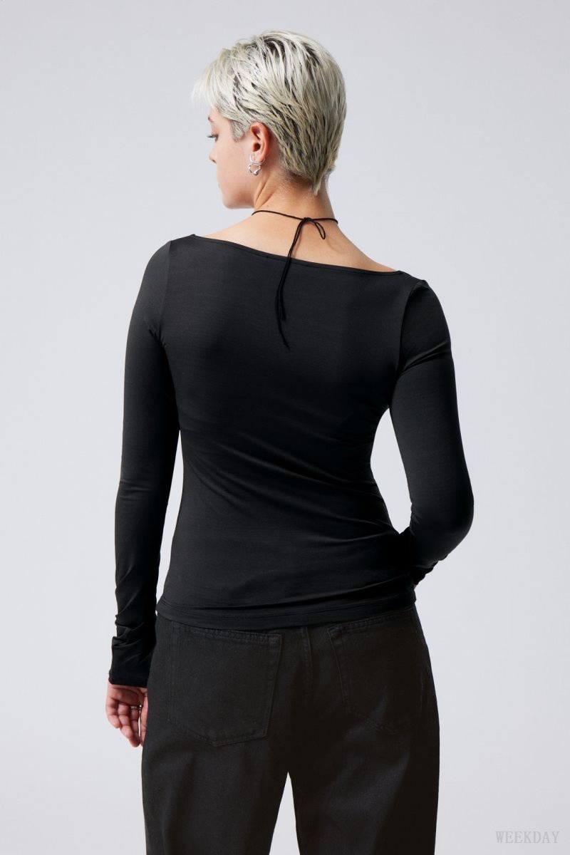 Black Weekday Tea Scoop Neck Long Sleeve Top | YRZT1058