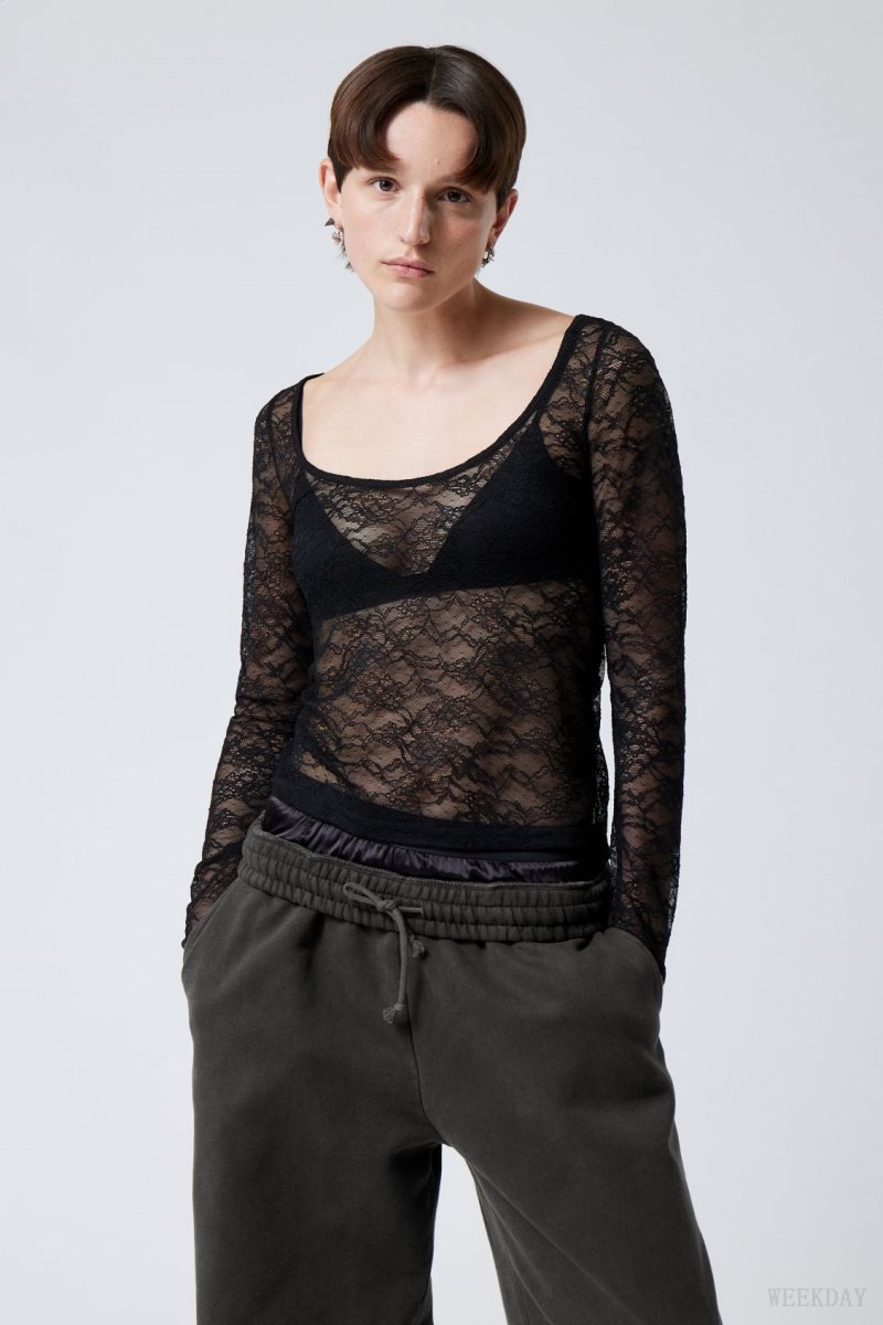 Black Weekday Tea Scooped Lace Longsleeve | AHHR8650