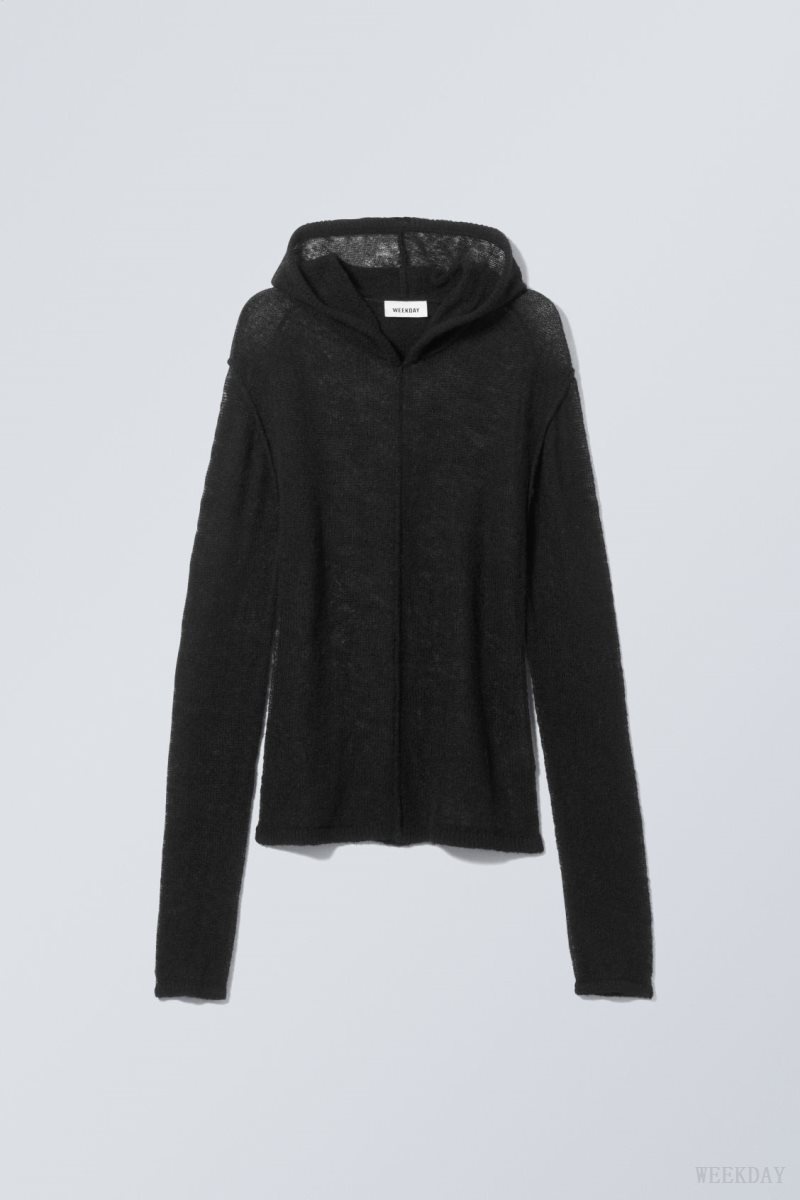 Black Weekday Terri Wool Blend Sheer Knit Hoodie | IDXA8221