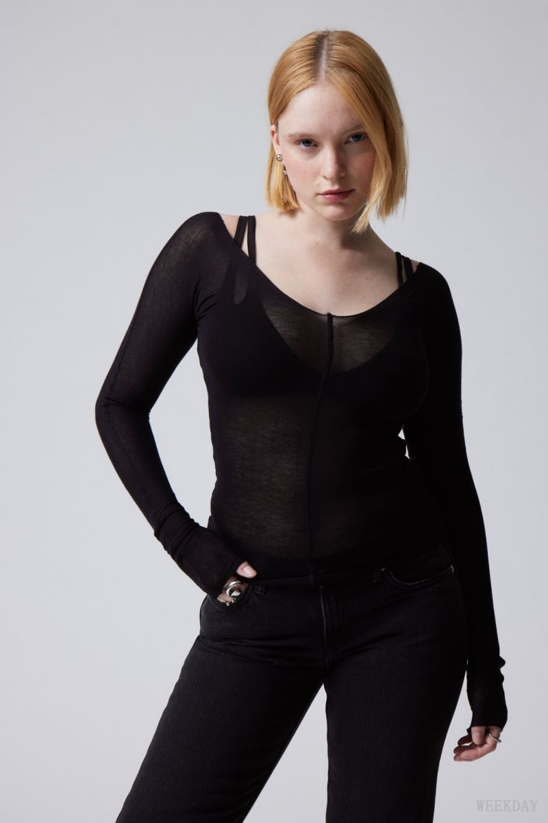 Black Weekday Yen Sheer Longsleeve Top | GBIO4312