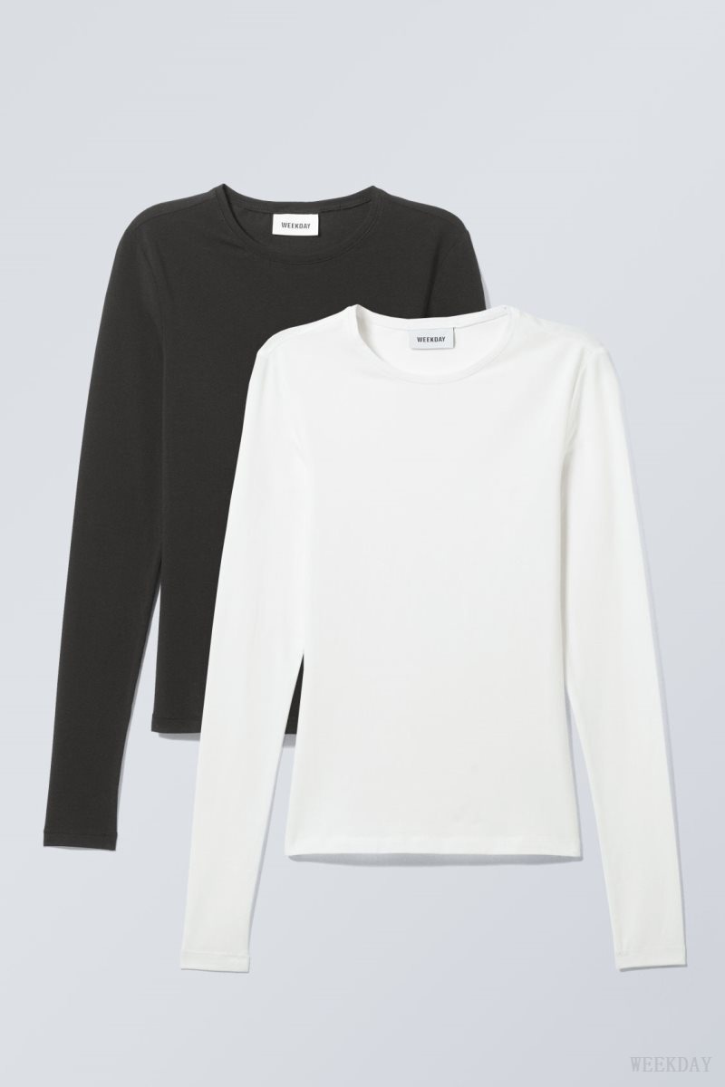 Black / White Weekday 2-pack Slim Fitted Long Sleeves | XAMF0855