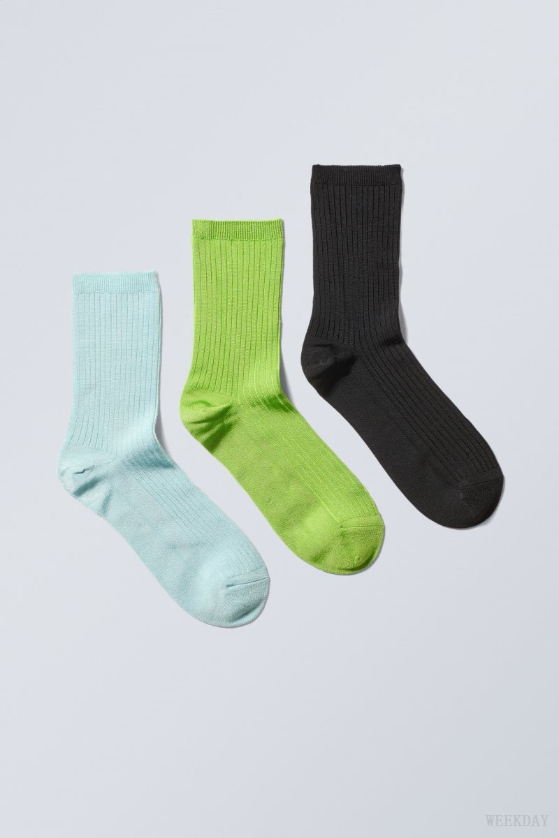 Blue Green Black Weekday 3-pack Lova Shiny Socks | LXVX4648