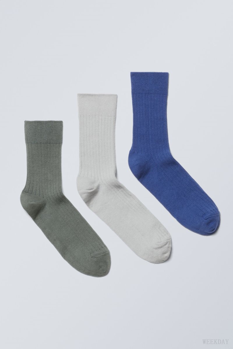 Blue Grey Green Weekday 3-pack Selma Socks | USYG2480