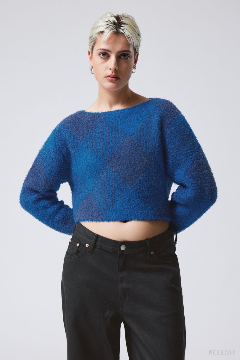 Blue Weekday Hera Check Hairy Sweater | NZZD1455