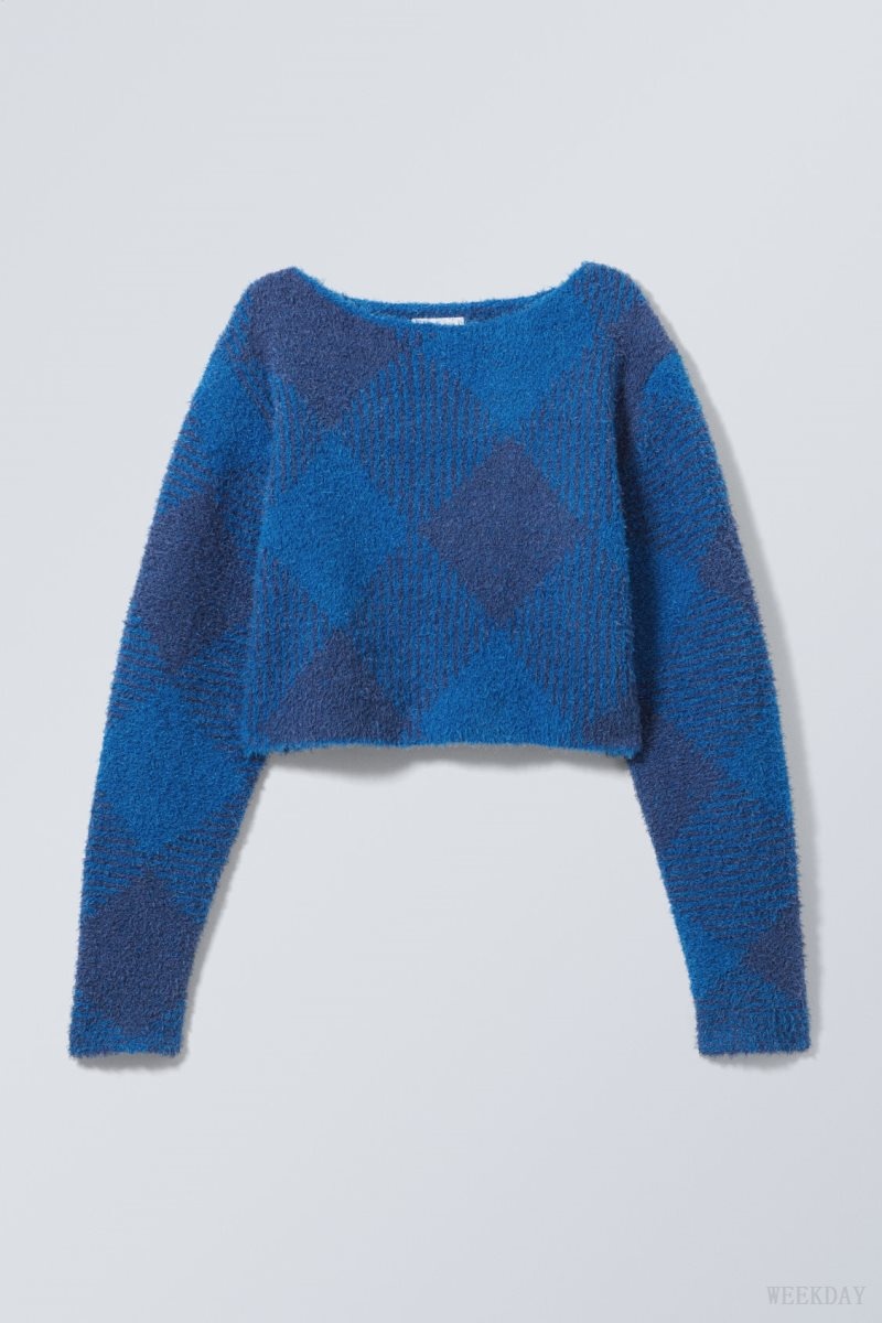 Blue Weekday Hera Check Hairy Sweater | NZZD1455