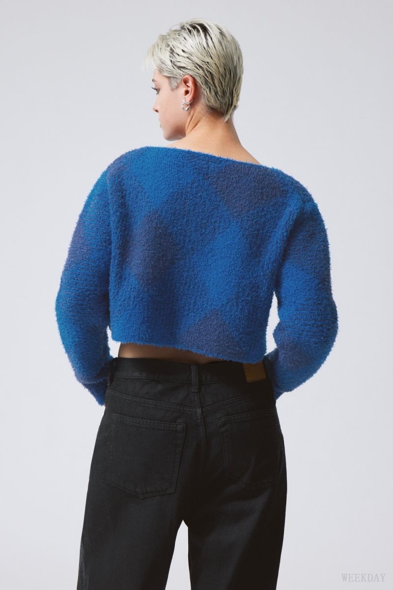 Blue Weekday Hera Check Hairy Sweater | NZZD1455