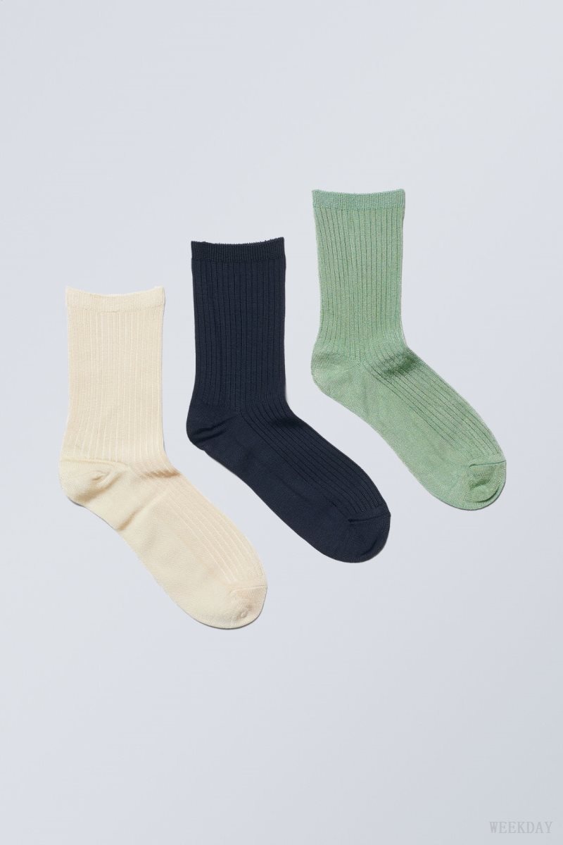 Cream Navy Green Weekday 3-pack Lova Shiny Socks | WYZE9363