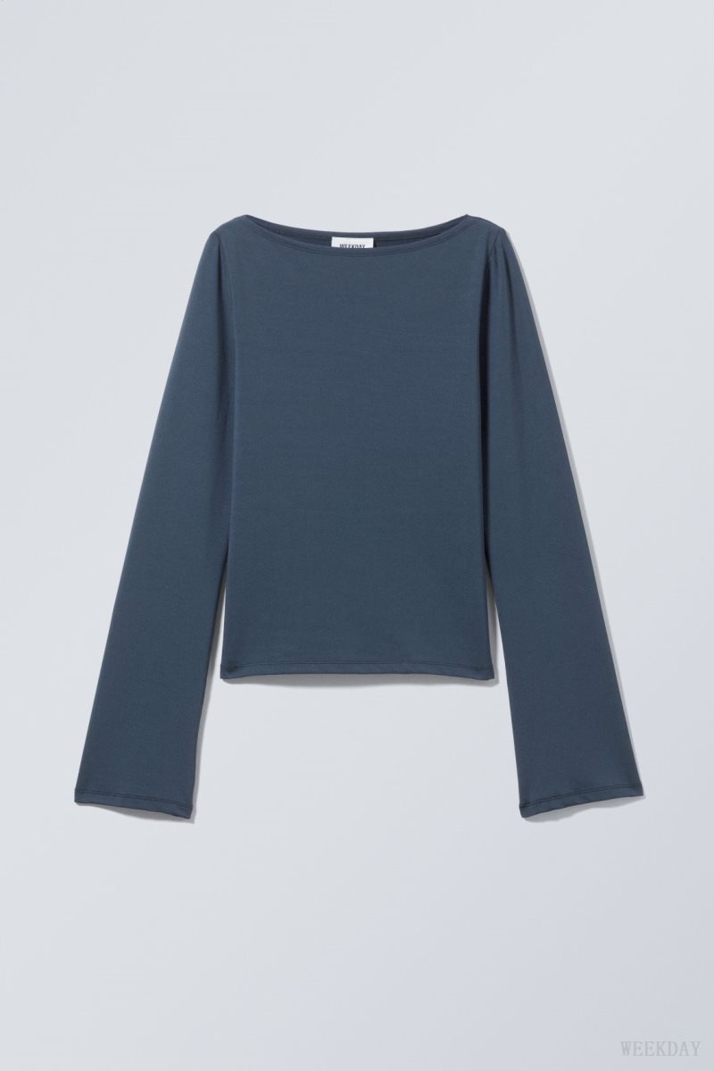 Dark Blue Weekday Annie Boatneck Long Sleeve Top | UIGA4370