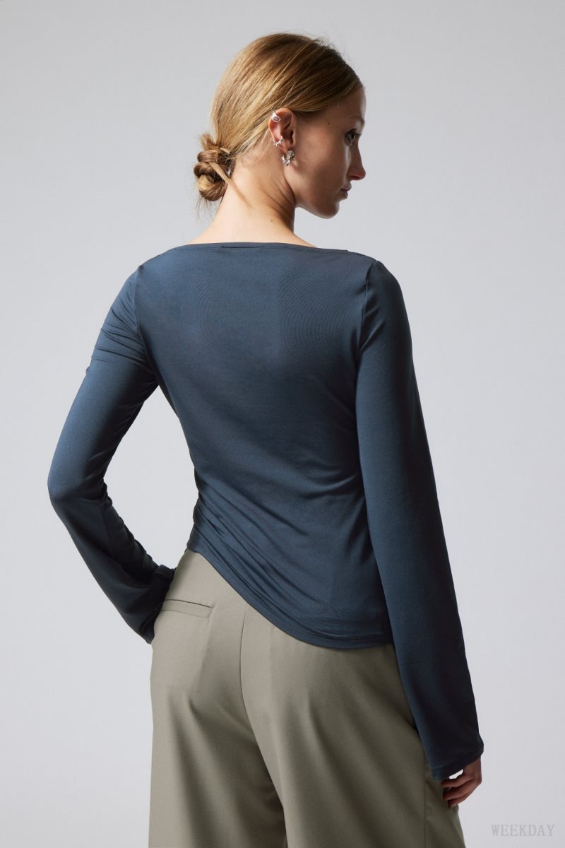 Dark Blue Weekday Annie Boatneck Long Sleeve Top | UIGA4370