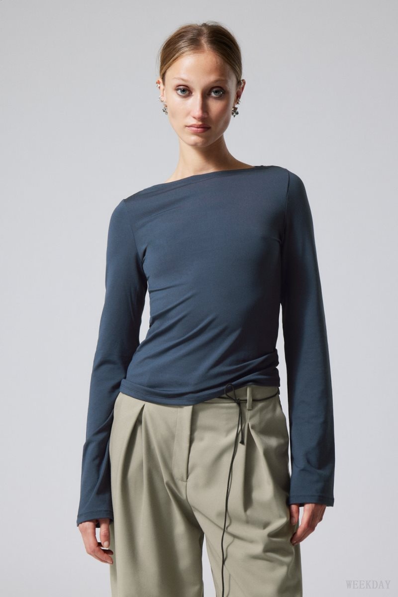 Dark Blue Weekday Annie Boatneck Long Sleeve Top | UIGA4370