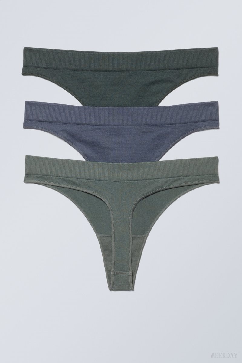 Dark Green Blue Green Weekday 3-pack Cat Soft Thong Thong | IHTC6589