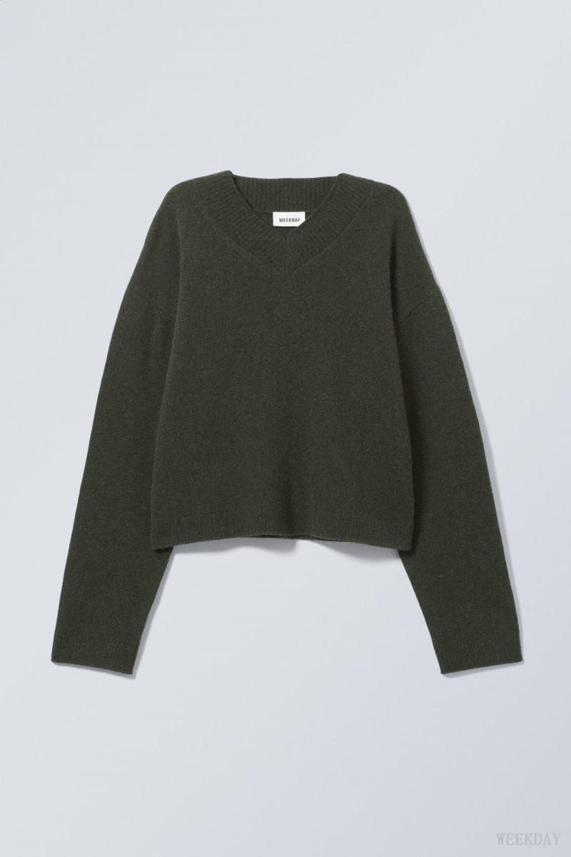 Dark Green Weekday Reese V-neck Wool Sweater | JSXA0259