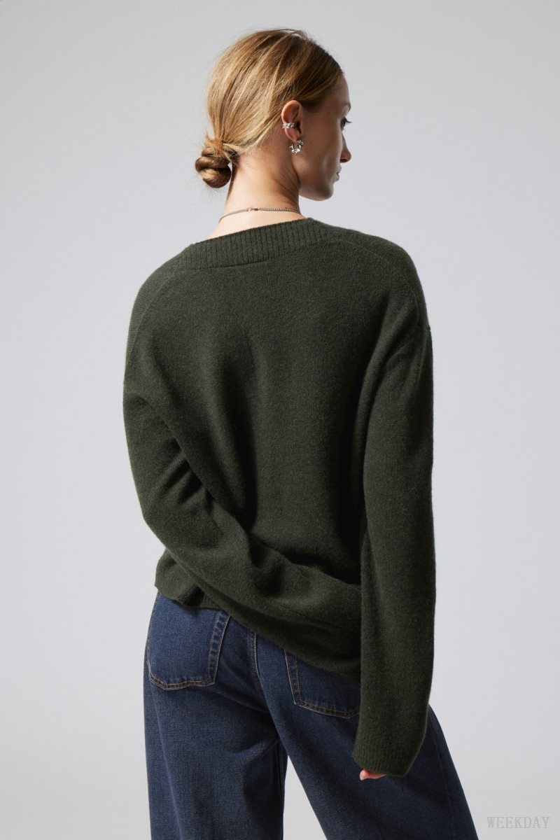 Dark Green Weekday Reese V-neck Wool Sweater | JSXA0259