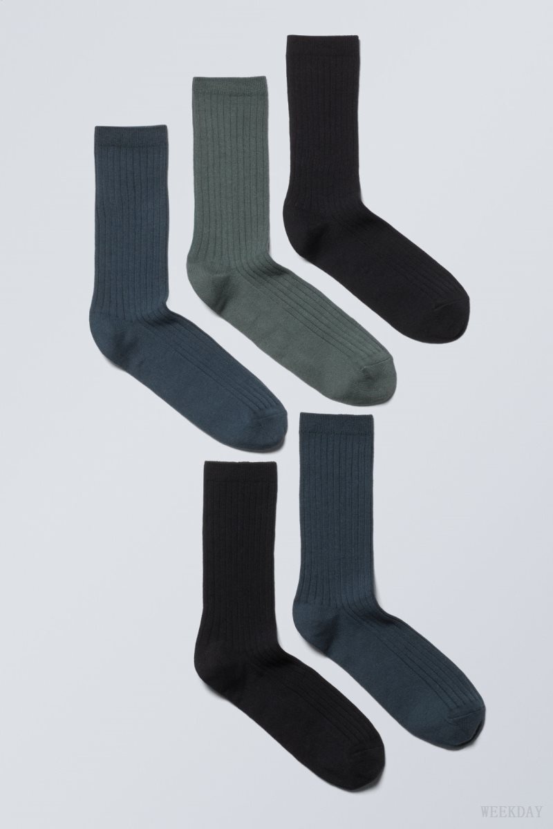 Dark Grey Blue Green Weekday 5-pack Rib Socks | SMXQ2500