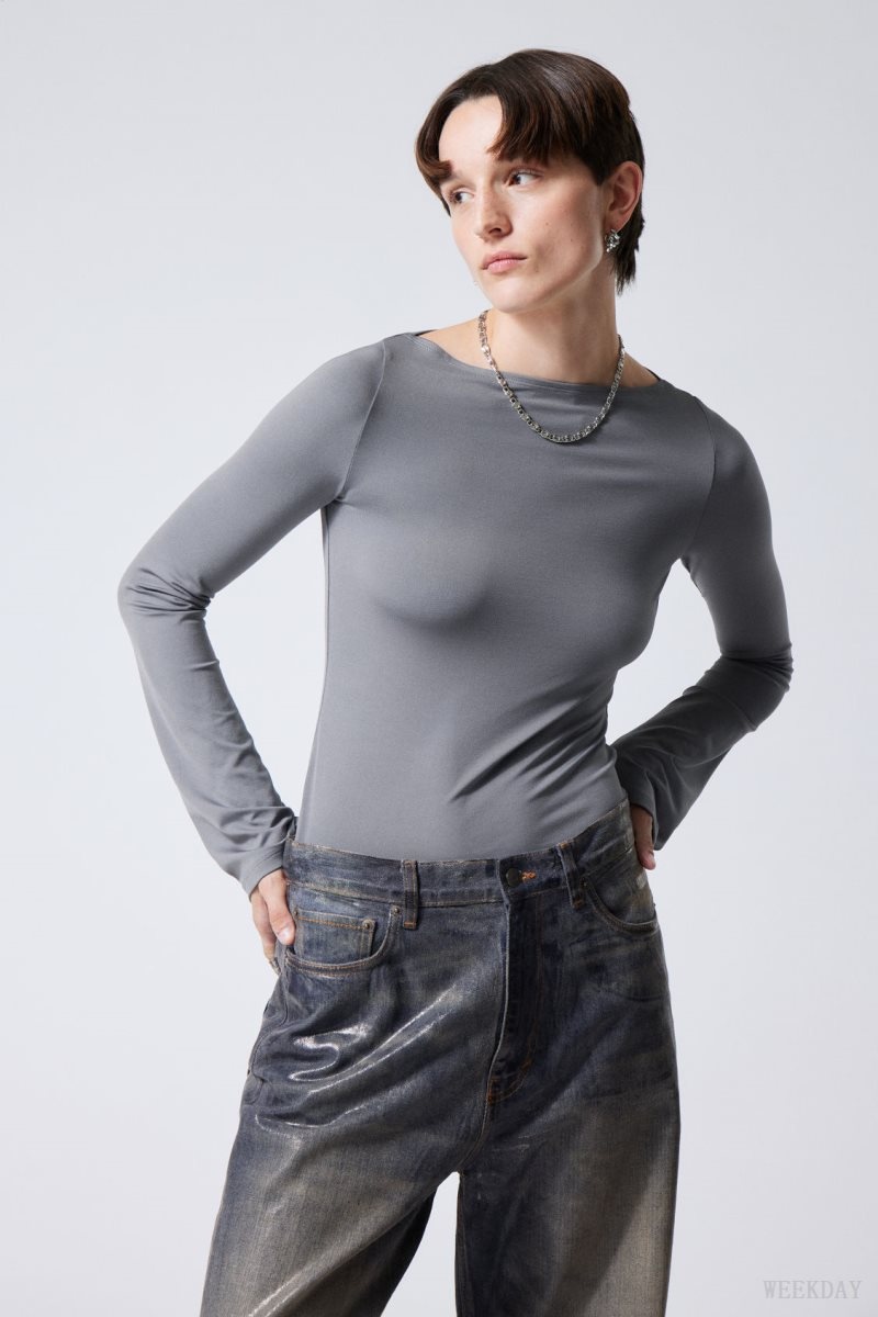 Dark Grey Weekday Annie Boatneck Long Sleeve Top | CIQP2326