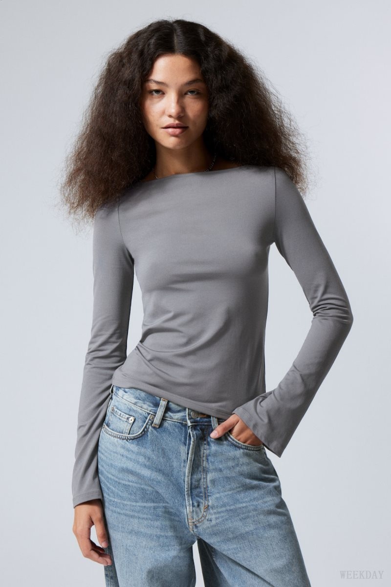 Dark Grey Weekday Annie Boatneck Long Sleeve Top | CIQP2326