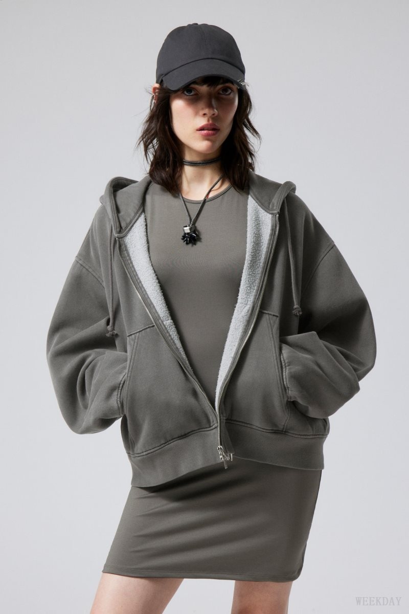 Dark Grey Weekday Boxy Heavyweight Zip Hoodie | LEYS1825