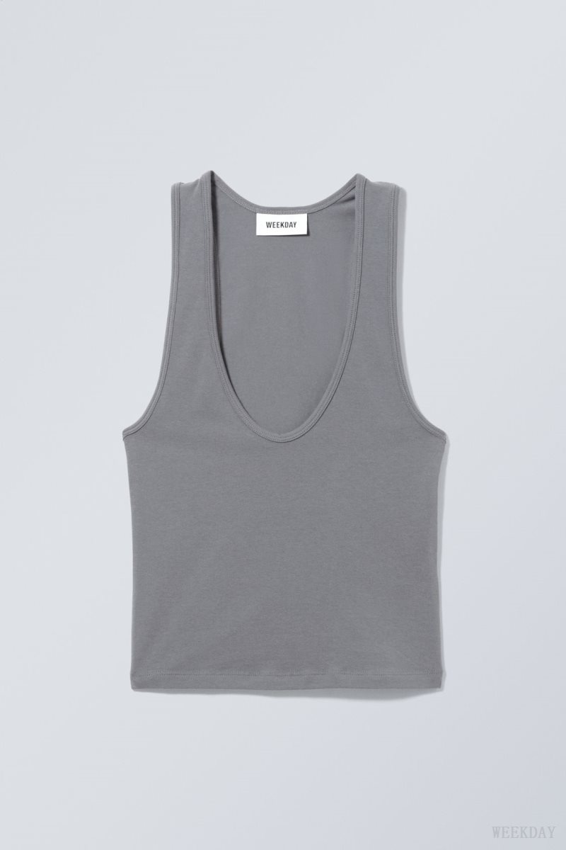 Dark Grey Weekday Deep U-Neck Tank Top | BDPL0339