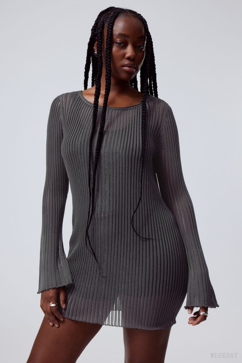 Dark Grey Weekday Eleana Sheer Rib Knit Mini Dress | CJNX3642