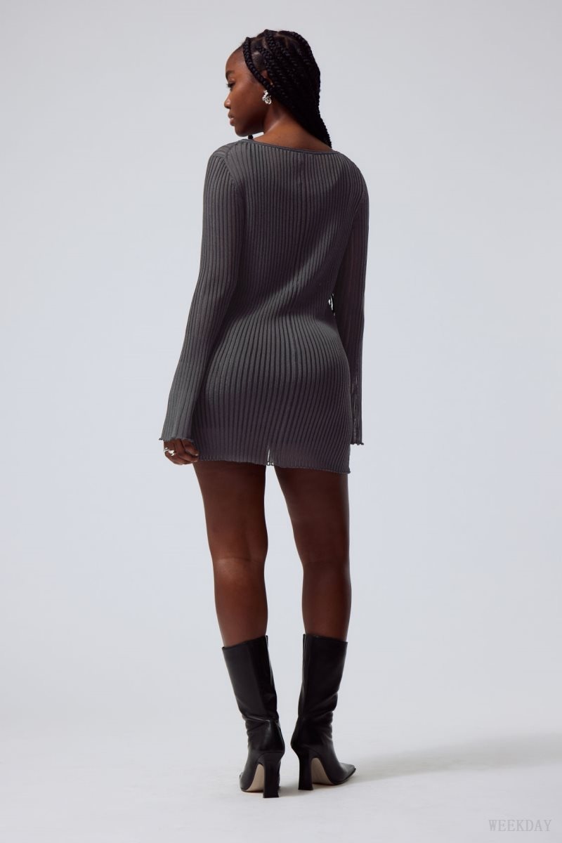 Dark Grey Weekday Eleana Sheer Rib Knit Mini Dress | CJNX3642