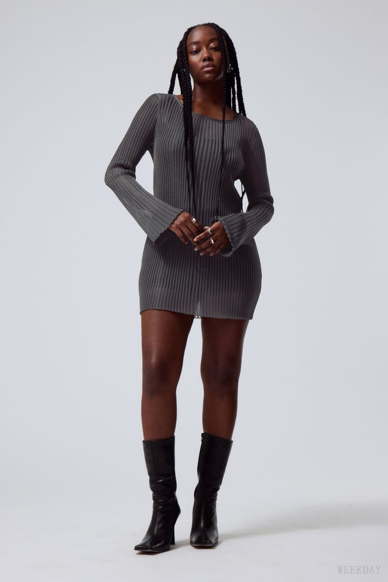 Dark Grey Weekday Eleana Sheer Rib Knit Mini Dress | CJNX3642