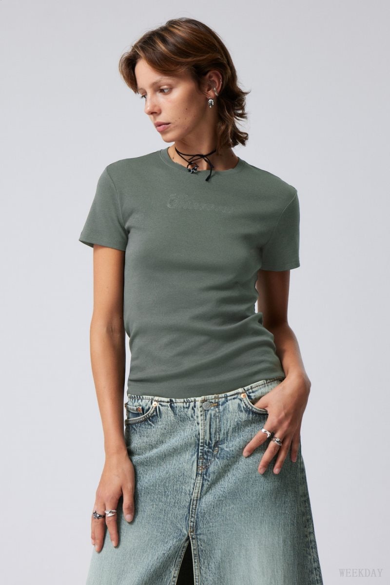 Dark Grey Weekday Lean Fit Embroidered T-shirt | OUOW7207