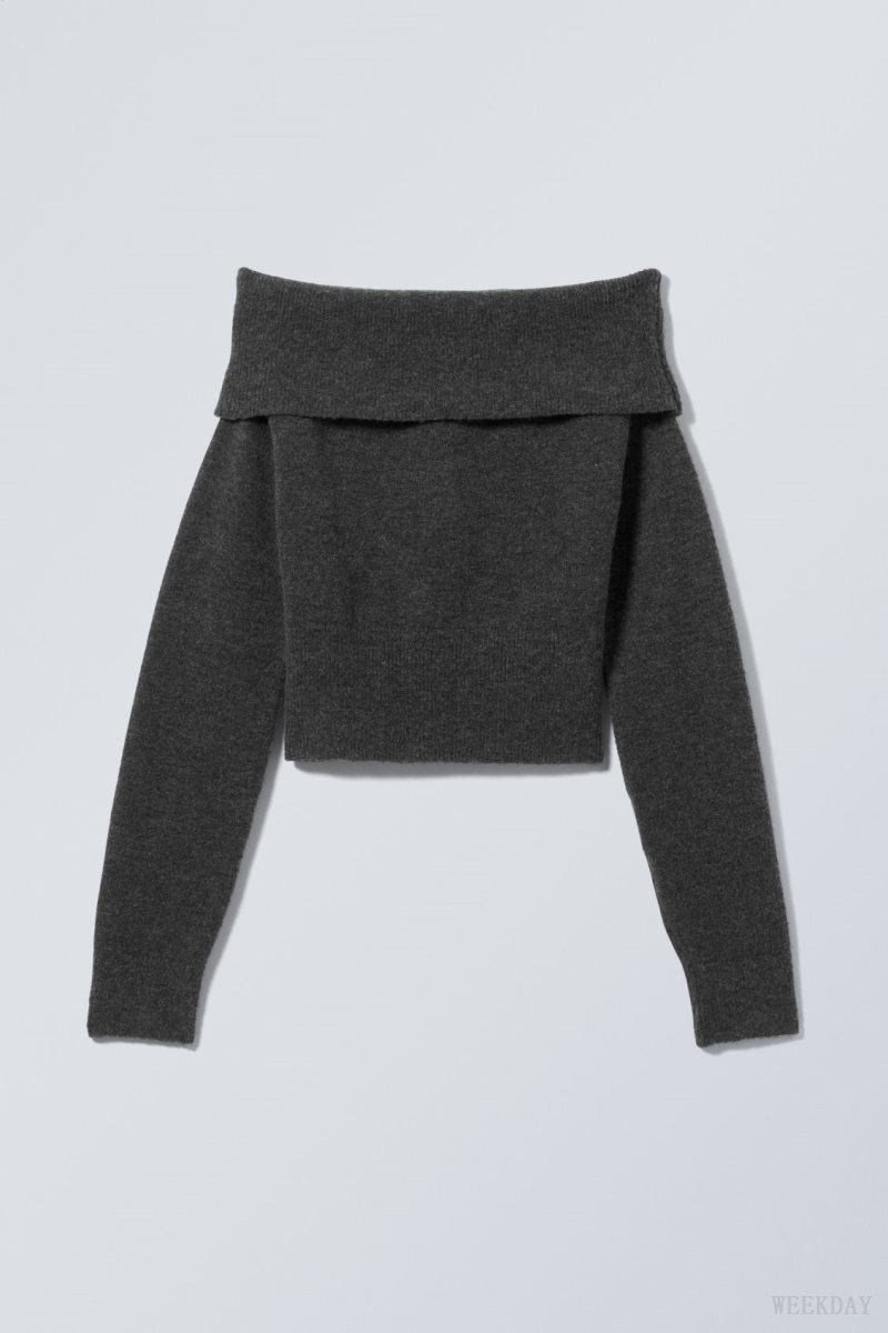 Dark Grey Weekday Lolo Off Shoulder Sweater | OZMS0628