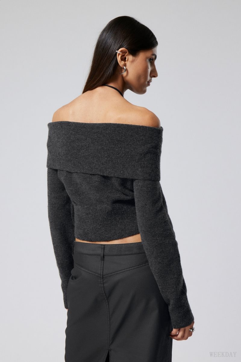 Dark Grey Weekday Lolo Off Shoulder Sweater | OZMS0628